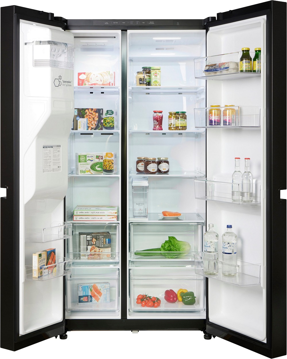LG GSLC41EPPE side-by-side refrigerator with open doors showing interior