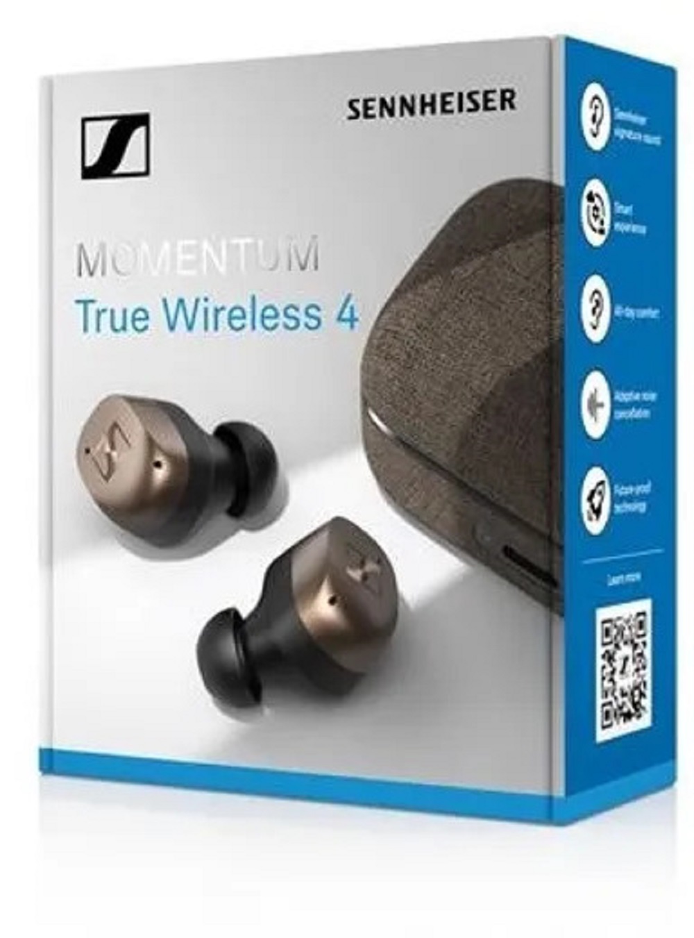Product packaging box for the Sennheiser Momentum True Wireless 4, showing earbuds, case, and side features.