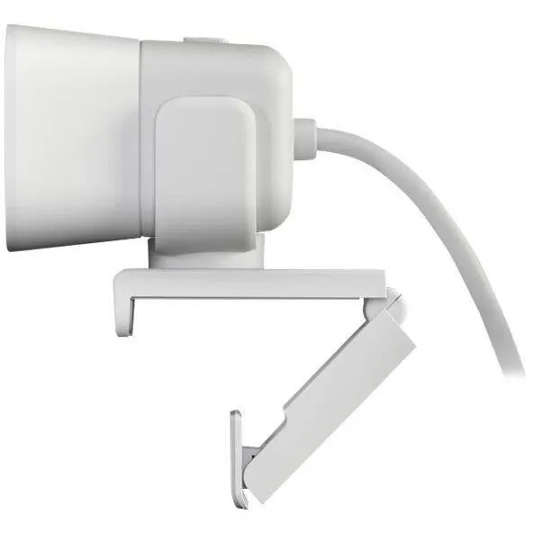 Logitech StreamCam in white, right side view on mounting bracket.