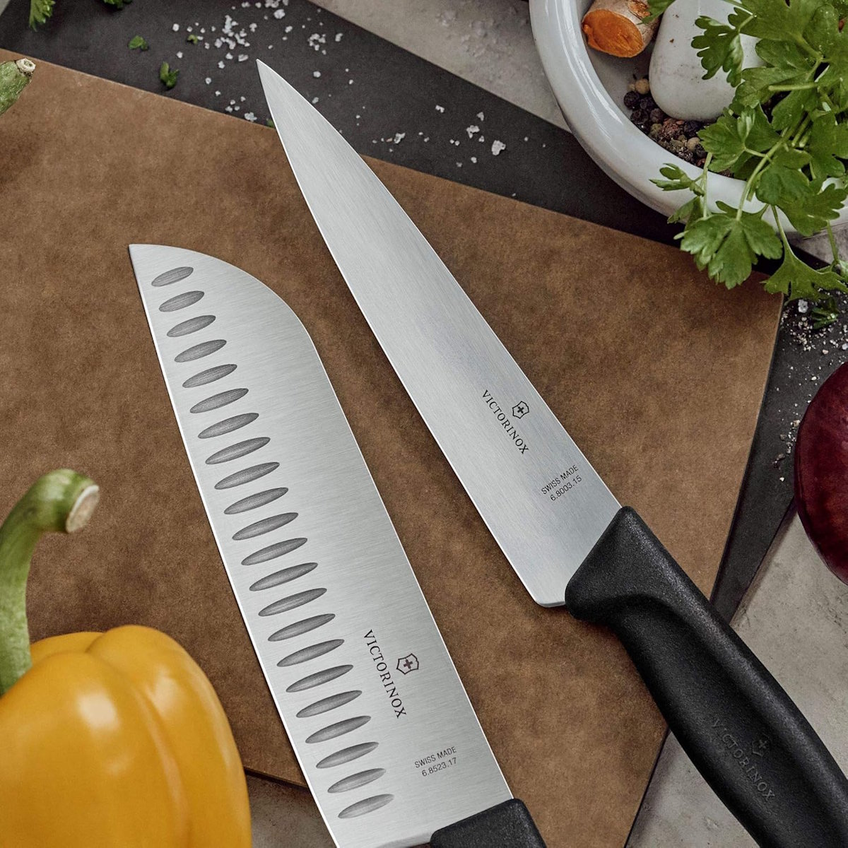 Close-up of the black Fibrox handle of the chef's knife