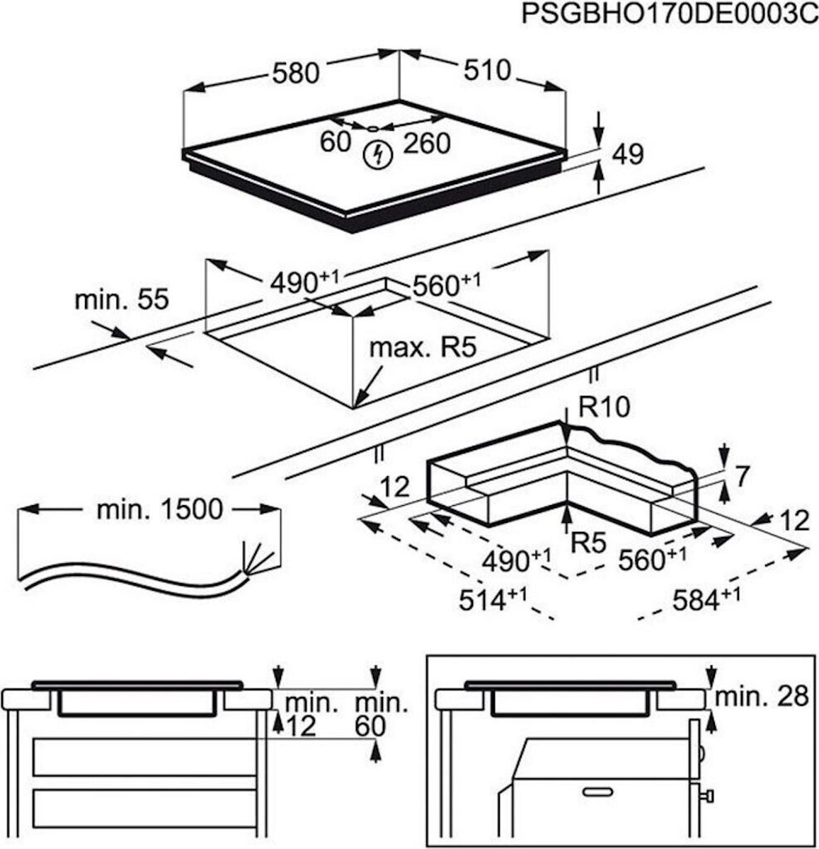 Technical drawing AEG IKE64450IB with installation dimensions 560 x 490 mm