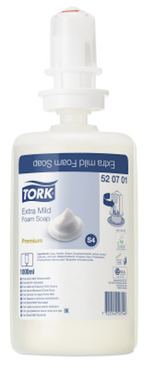 Tork Foam Soap 520701, full bottle with hygienic dispenser system.