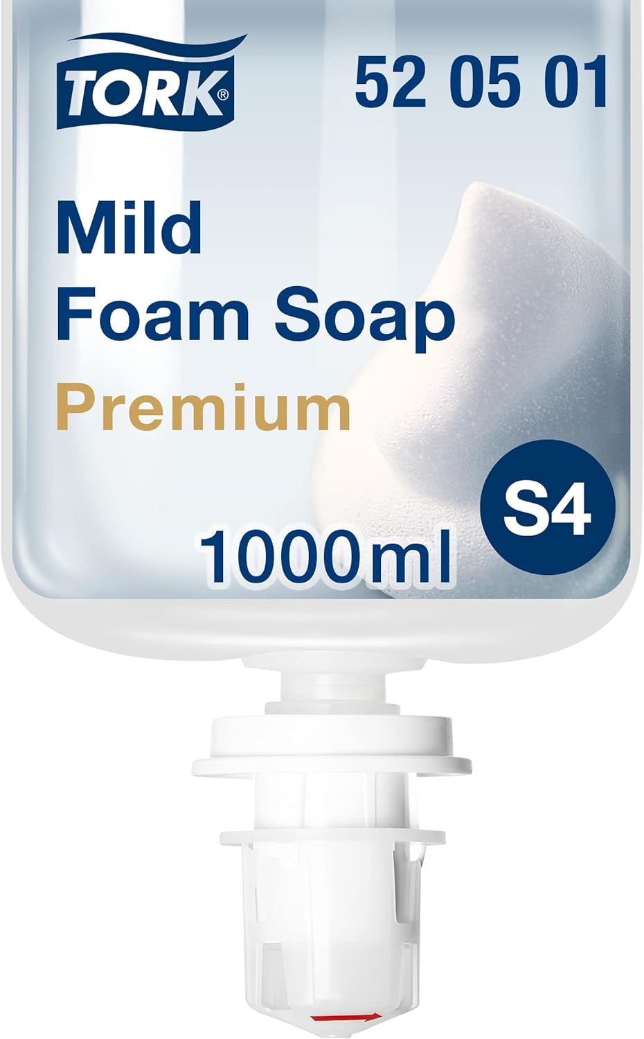 Tork foam soap, close-up of the label on the bottle.