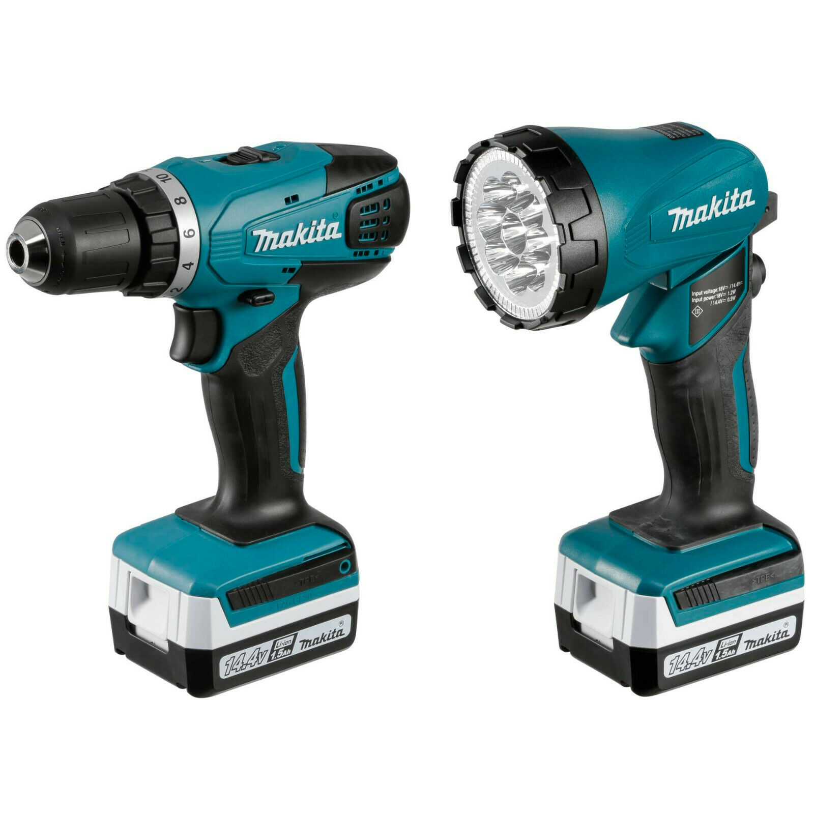 Makita DF347DWLX1 cordless drill with battery lamp, both devices shown from side.