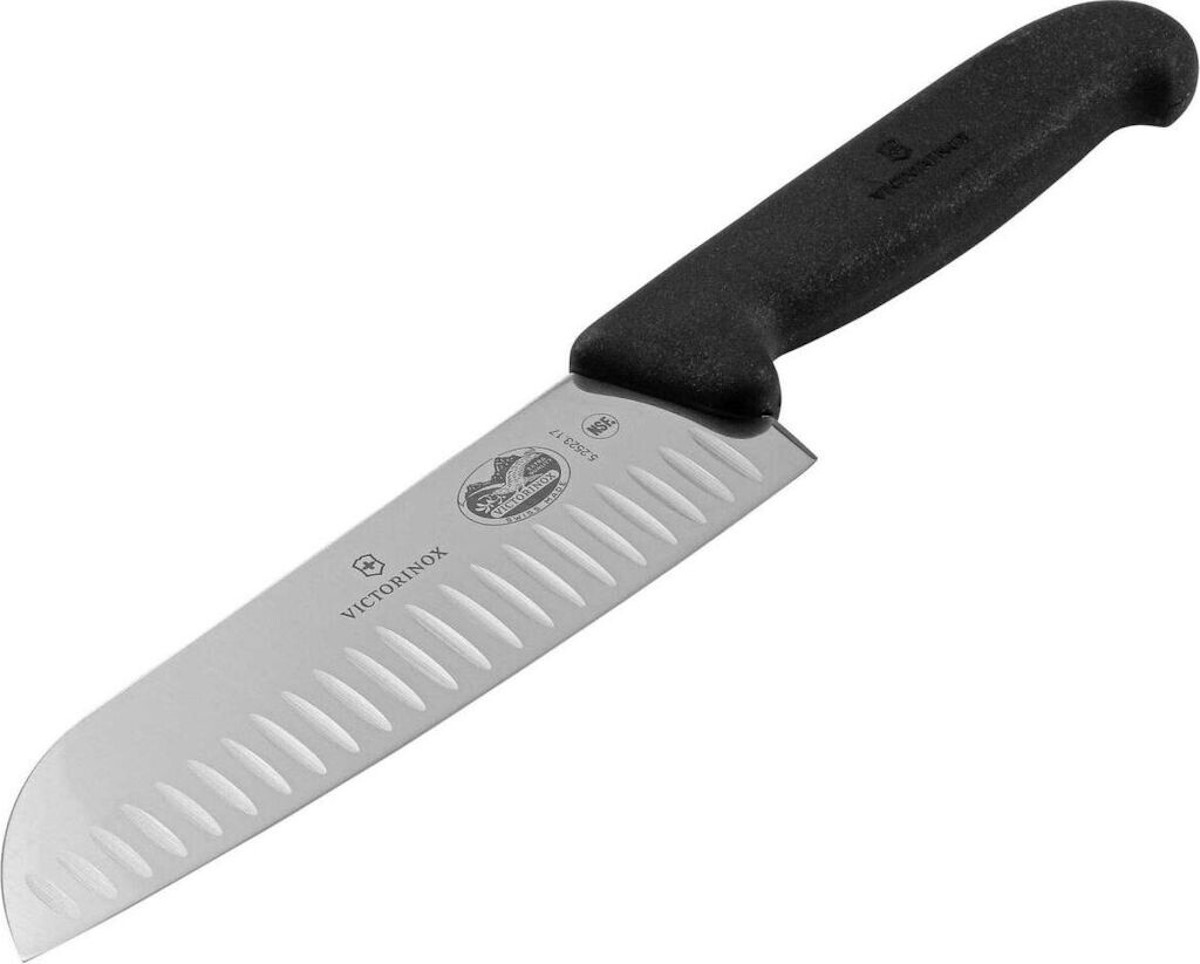 Side view of the Victorinox Fibrox Santoku knife with a Granton-like blade