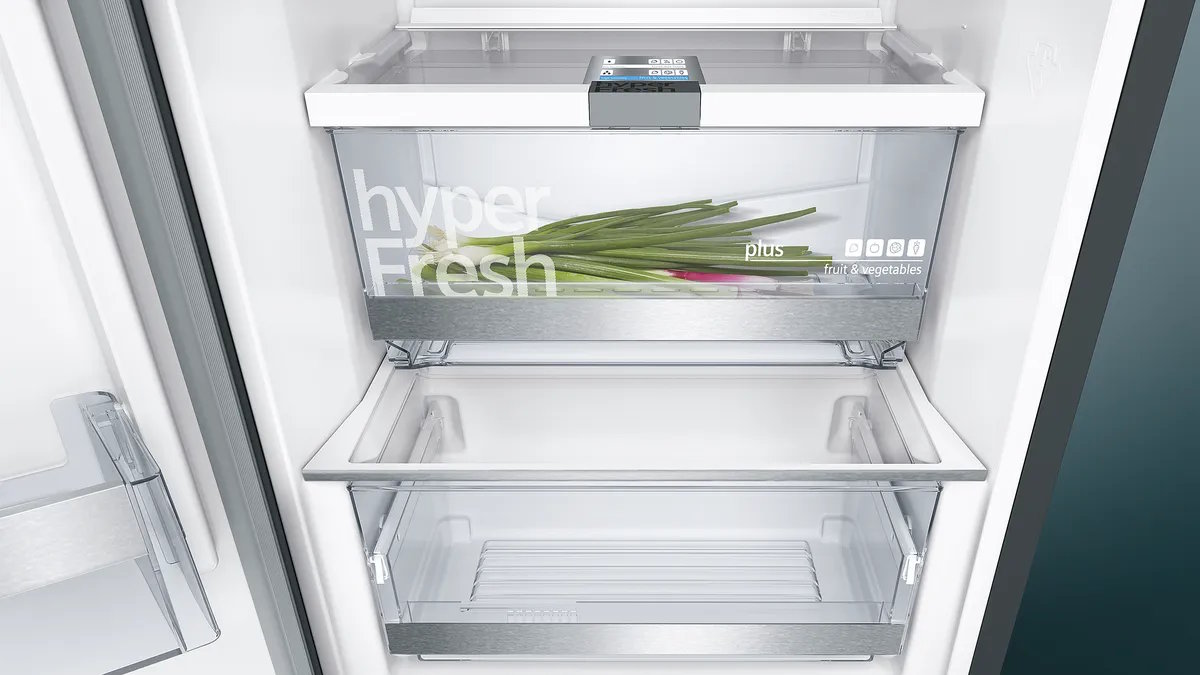 Siemens refrigerator interior: hyperFresh plus drawers and LED lighting