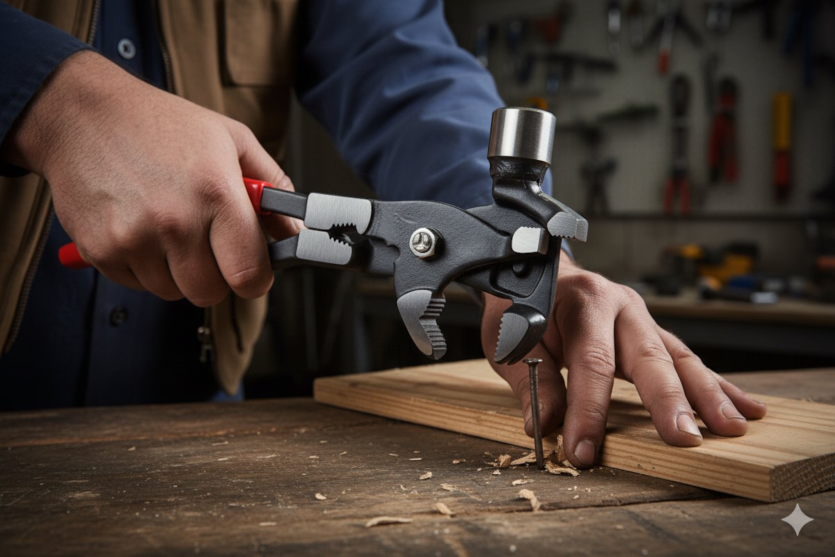 Westfalia multifunctional pliers pulling a nail from wood