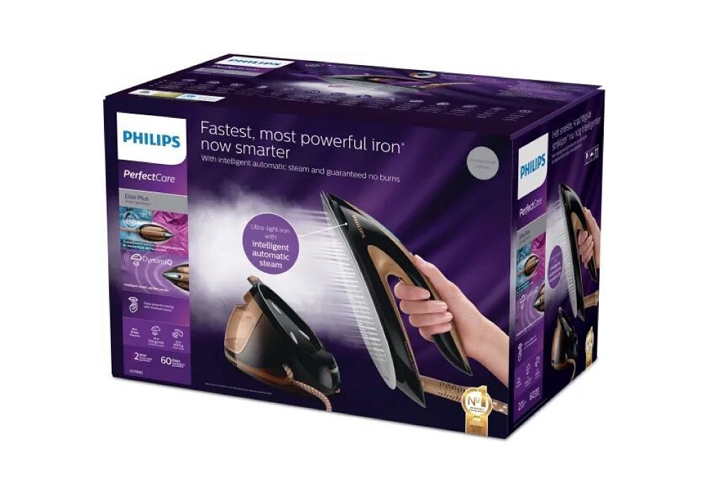 Retail packaging of the Philips PerfectCare Elite Plus highlighting "No burns" guarantee feature