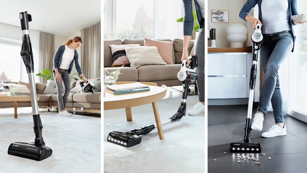 BOSCH BSS711W cordless stick vacuum in flexible use, ideal for different floor types and hard-to-reach areas.