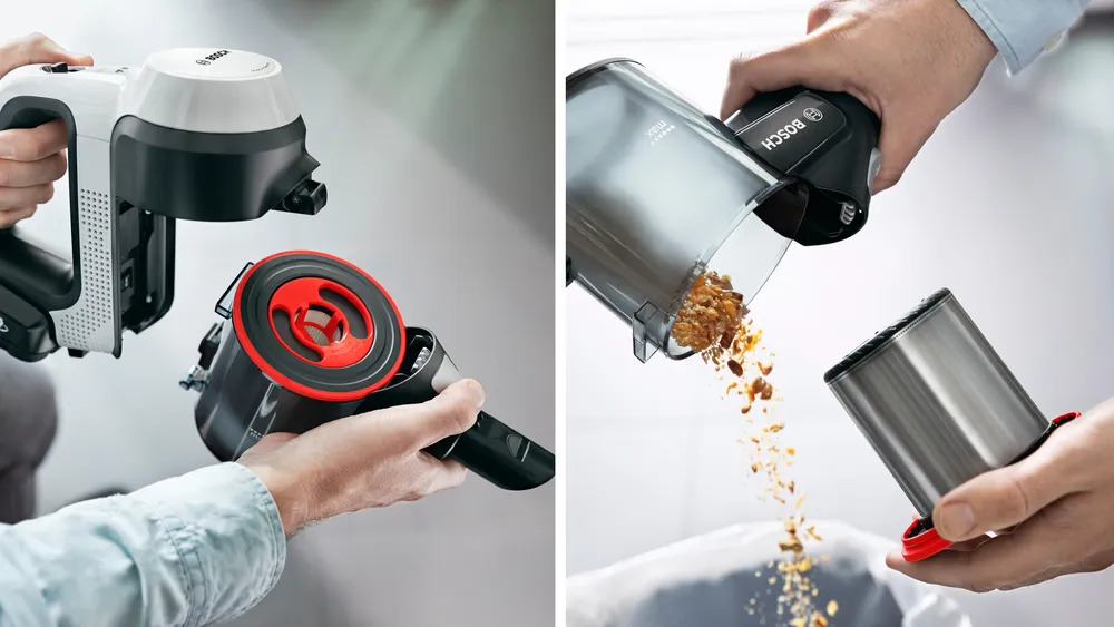 BOSCH BSS711W cordless vacuum with easy dust container emptying without direct dirt contact.