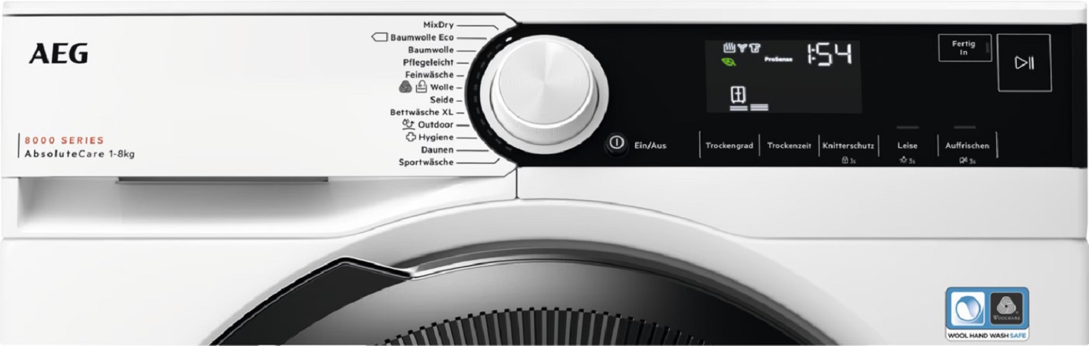 Close-up of the control panel of the AEG TR8T70689 heat pump dryer with clear text display and program selection buttons.