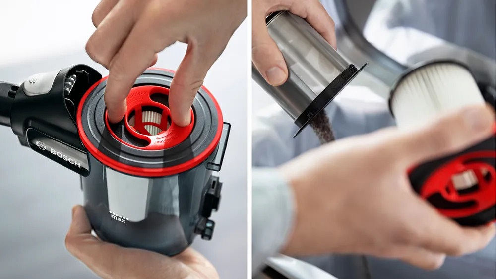 Scene showing the easy filter cleaning of the BOSCH BSS711W for consistently powerful suction.