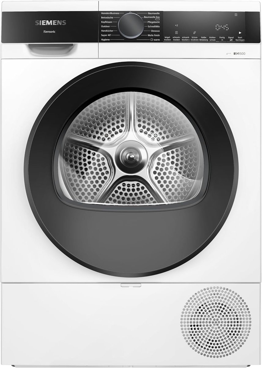 Siemens iQ500 WQ33G2D40 heat pump dryer in white, front loader with LED display