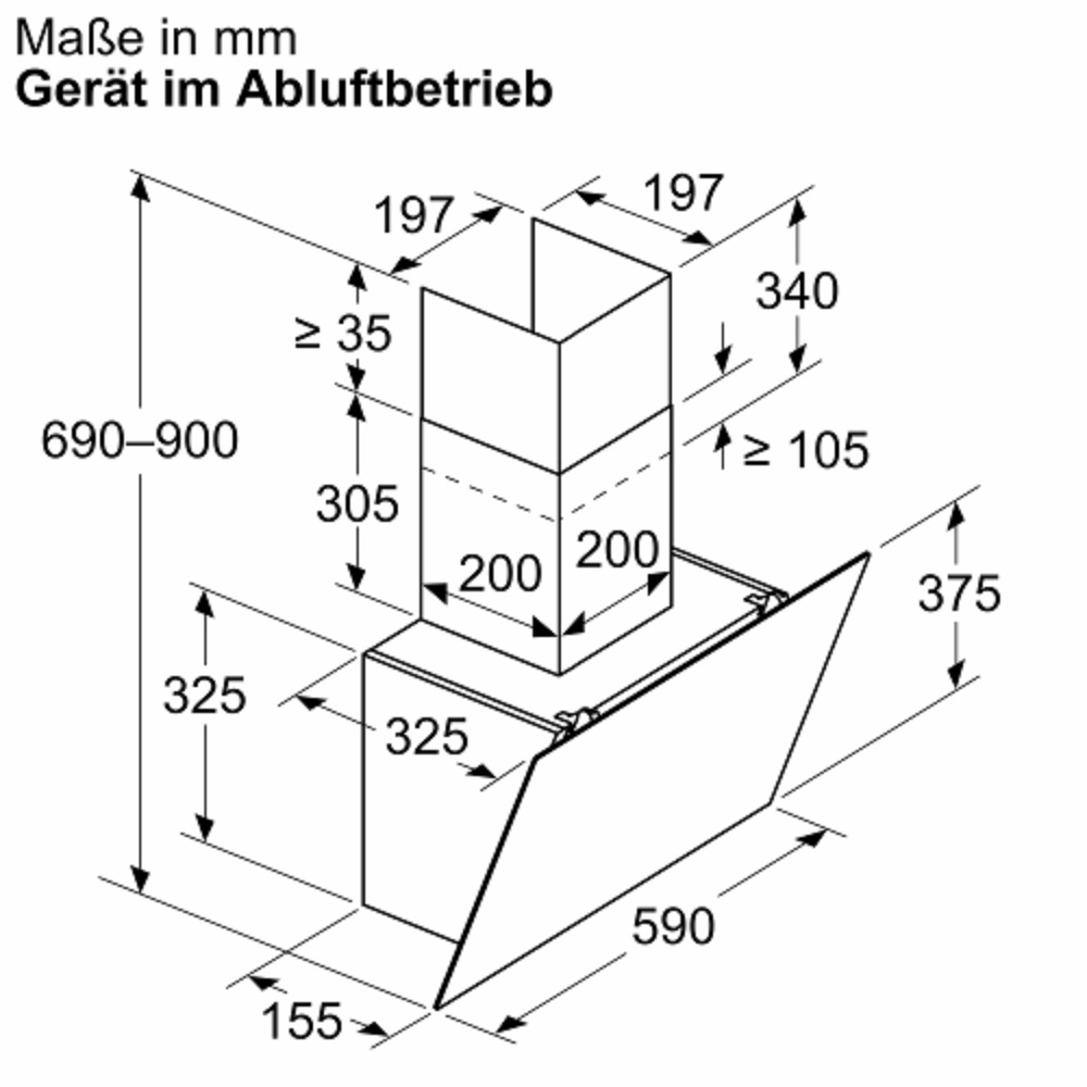 Dimensioned drawing of the Bosch DWK65DK60 extractor hood, showing the exact installation dimensions for ducted operation.