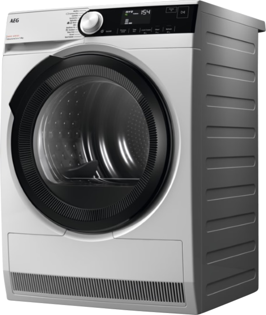 Side front view of the AEG TR8T70689 heat pump dryer, showing door opening and control panel.