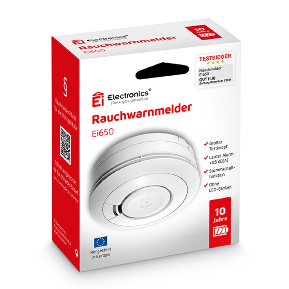 Ei Electronics Ei650 smoke alarm – product packaging with manufacturer logo and technical details