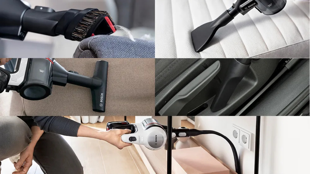 Overview of various BOSCH BSS711W brush attachments for carpets, upholstery, and hard floors.