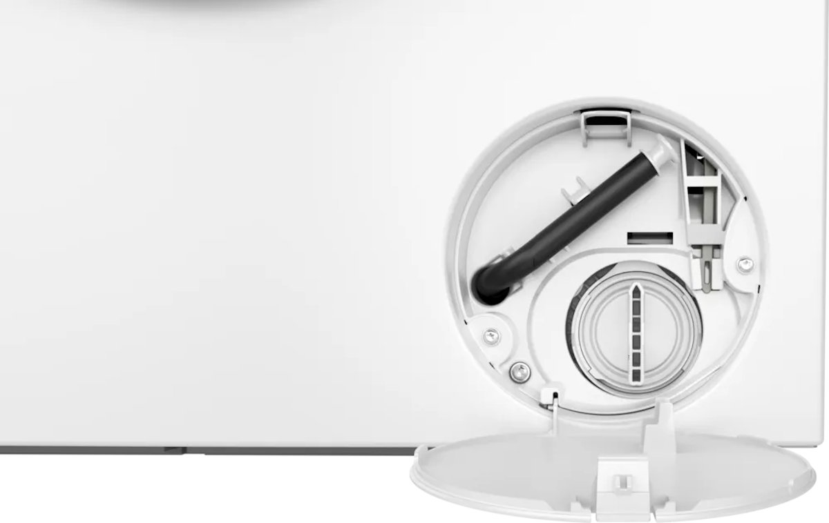 Open inspection hatch on the Bosch WUU28T48 for easy cleaning of the drain pump.