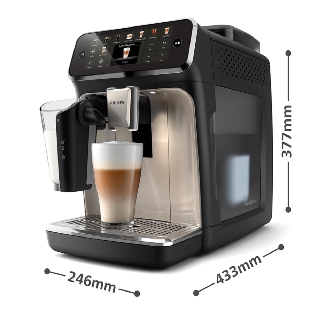 Philips EP5547/90 coffee machine with indicated height, width and depth dimensions