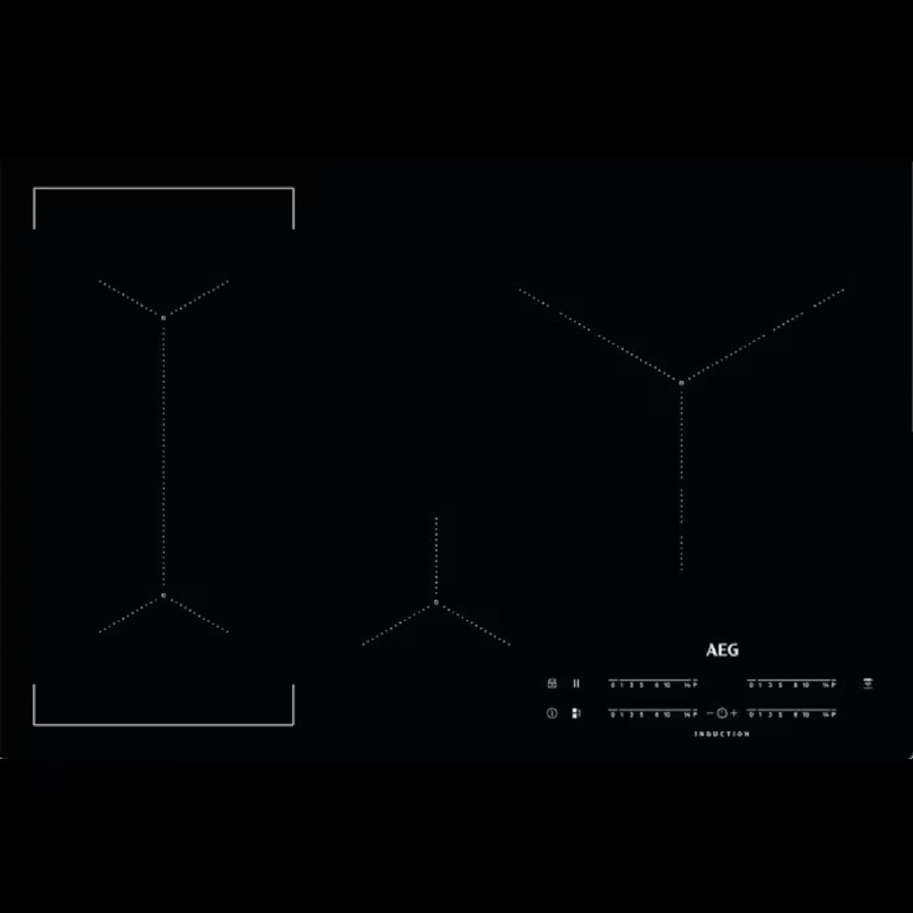 Obenansicht des AEG IKE84445IB Induktionskochfelds mit vier Kochzonen.