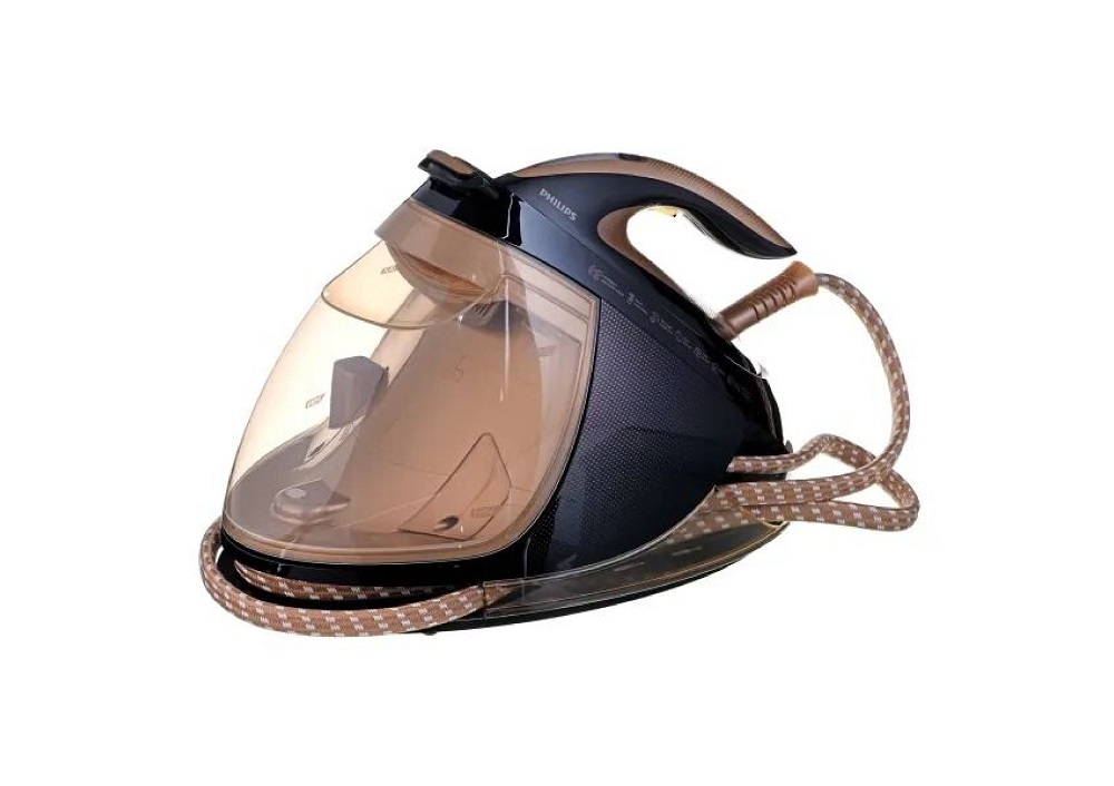 Front view of the base station GC9682/80 with transparent gold-tinted water tank