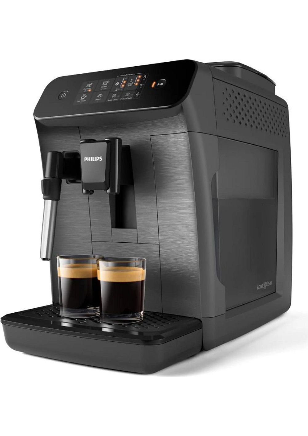 Angled view of the dark grey Philips EP0824/00 with the water tank (AquaClean) and two espressos.