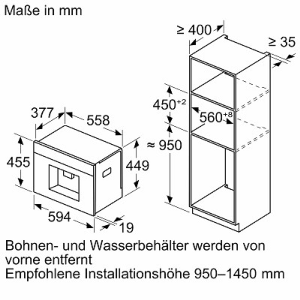 Technical drawing showing niche dimensions for the coffee machine installation
