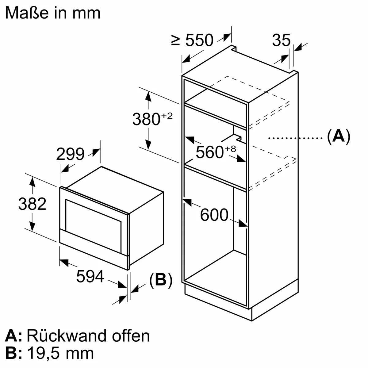 Detailed drawing showing the installation depth (min. 300mm) and connection positions of the appliance.