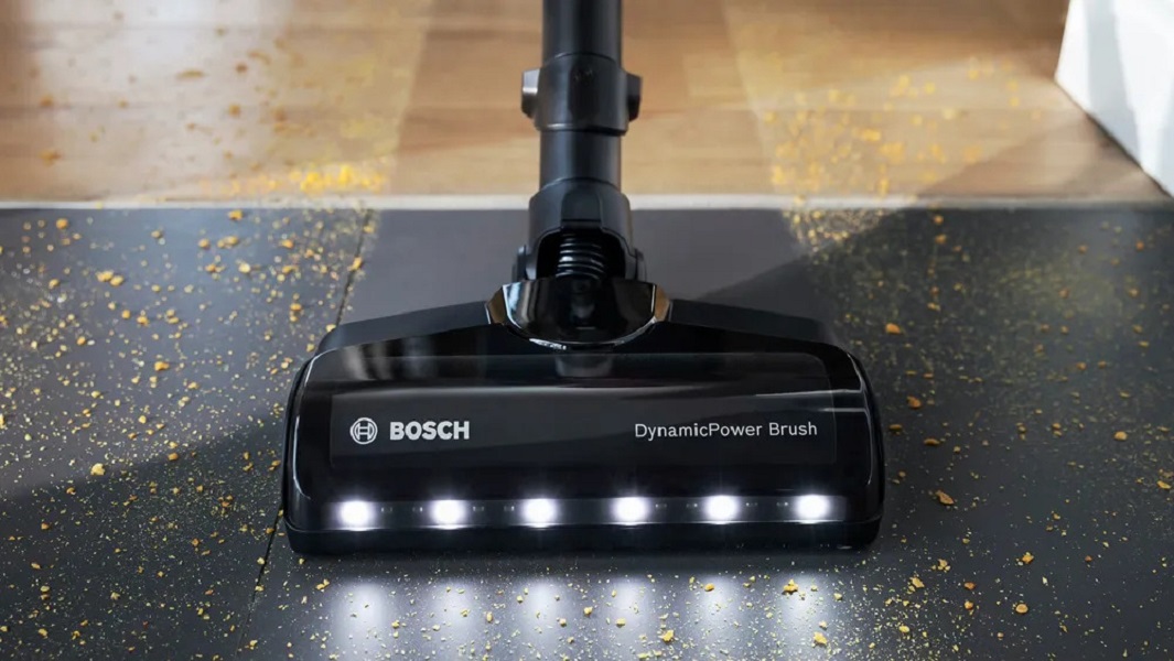 BOSCH BSS711W with LED suction brush, ensuring thorough cleaning even under furniture.