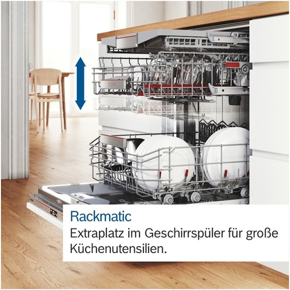 Bosch SMV4EVX15E Serie 4 Vollintegrierter Geschirrspüler - 3-fach Rackmatik: Auch mit voll beladenem Oberkorb in 3 Stufen bis zu 5 cm höhenverstellbar.