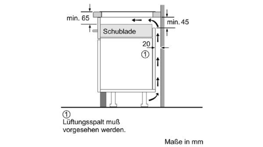 Technical diagram of the Siemens EX875LVC1E induction hob, illustrating the recommended ventilation gap when installed above a drawer (dimensions in mm).