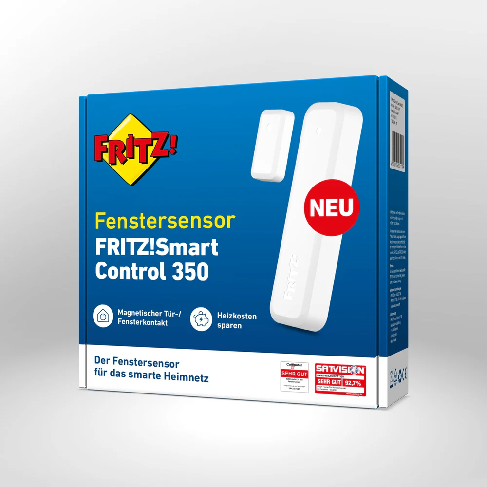 Packaging of the FRITZ!Smart Control 350, highlighting its function as a magnetic window contact and the potential for saving heating costs.