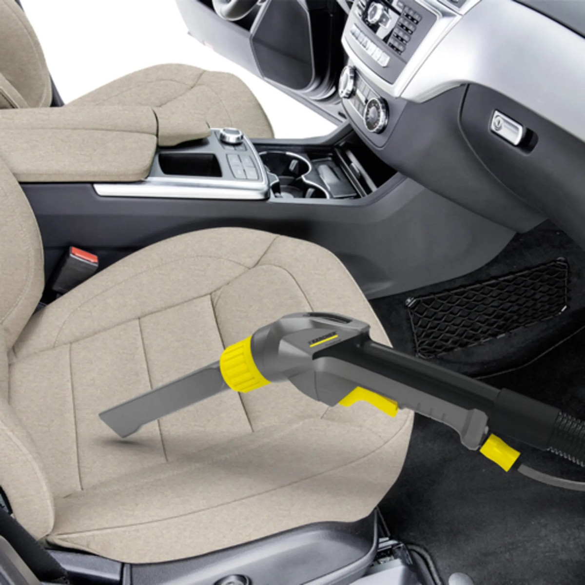 Demonstration of upholstery cleaning with the Puzzi 10/2 Adv on a car seat