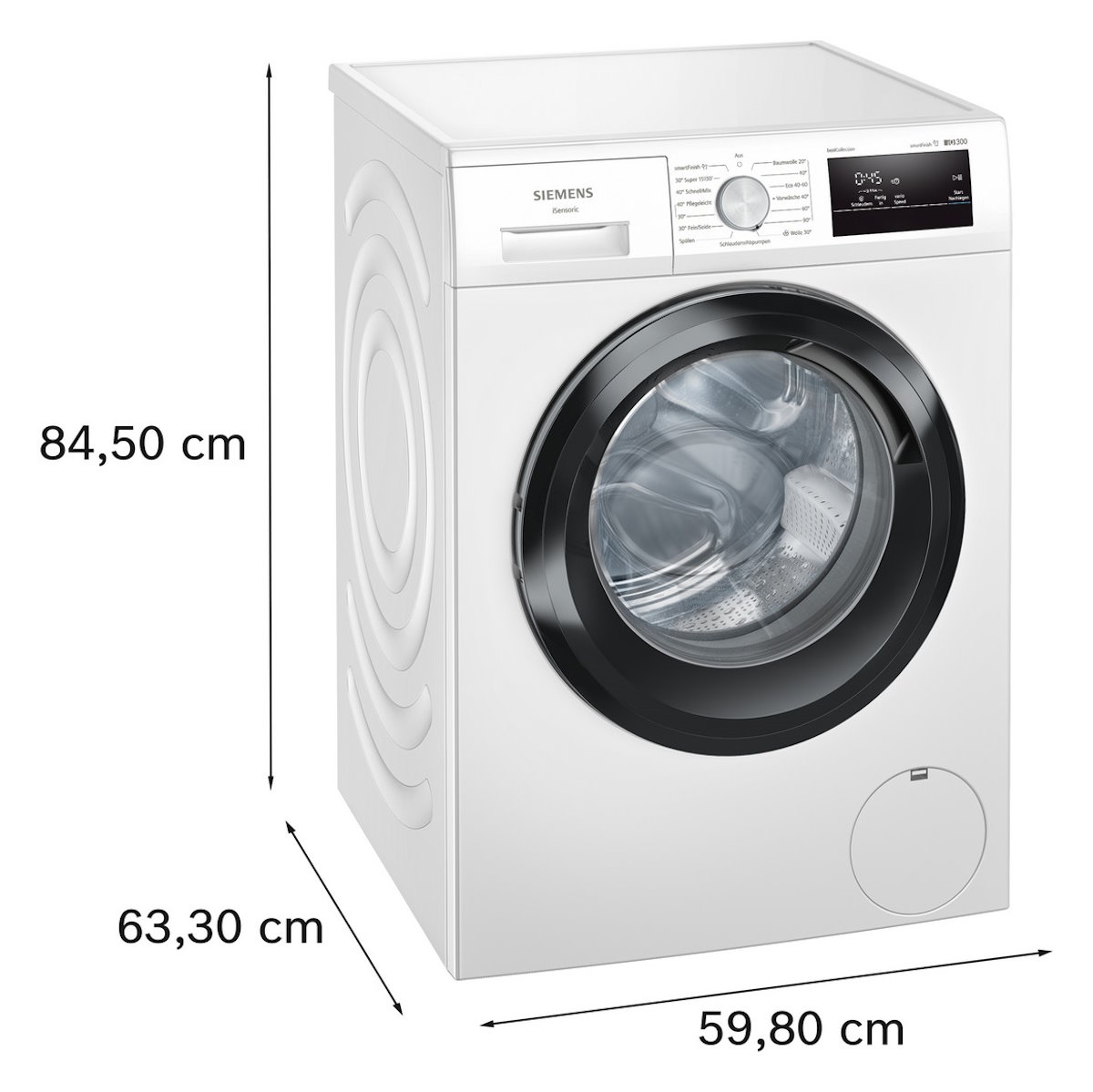 Front view of the Siemens WM14N0G4 washing machine showing height, width, and depth measurements.