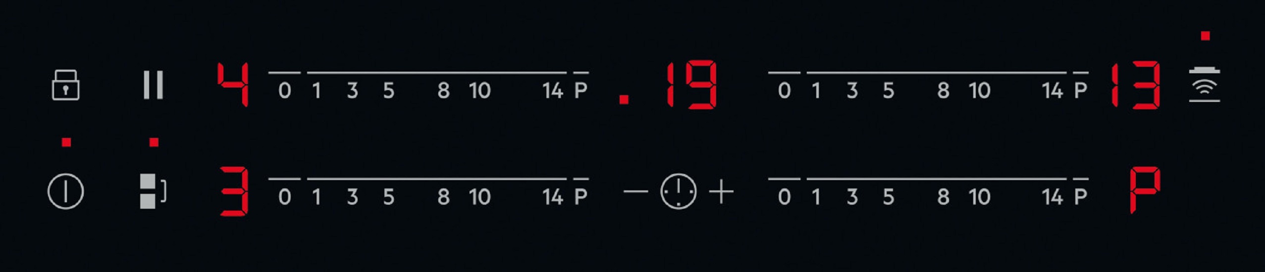 Close-up of the touch control panel of the AEG IKE64441XB induction hob with red LED displays for power levels and timer functions.