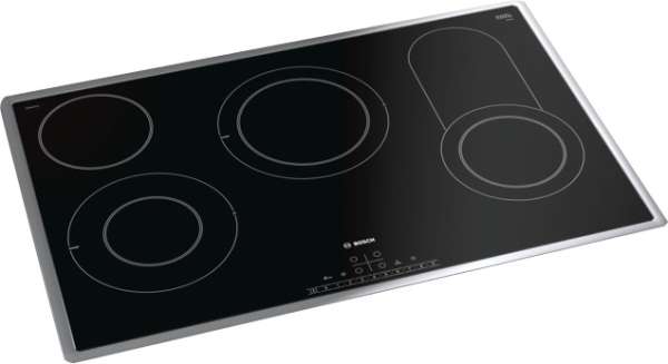 The slim design of the Bosch cooktop with a stainless steel frame in the worktop
