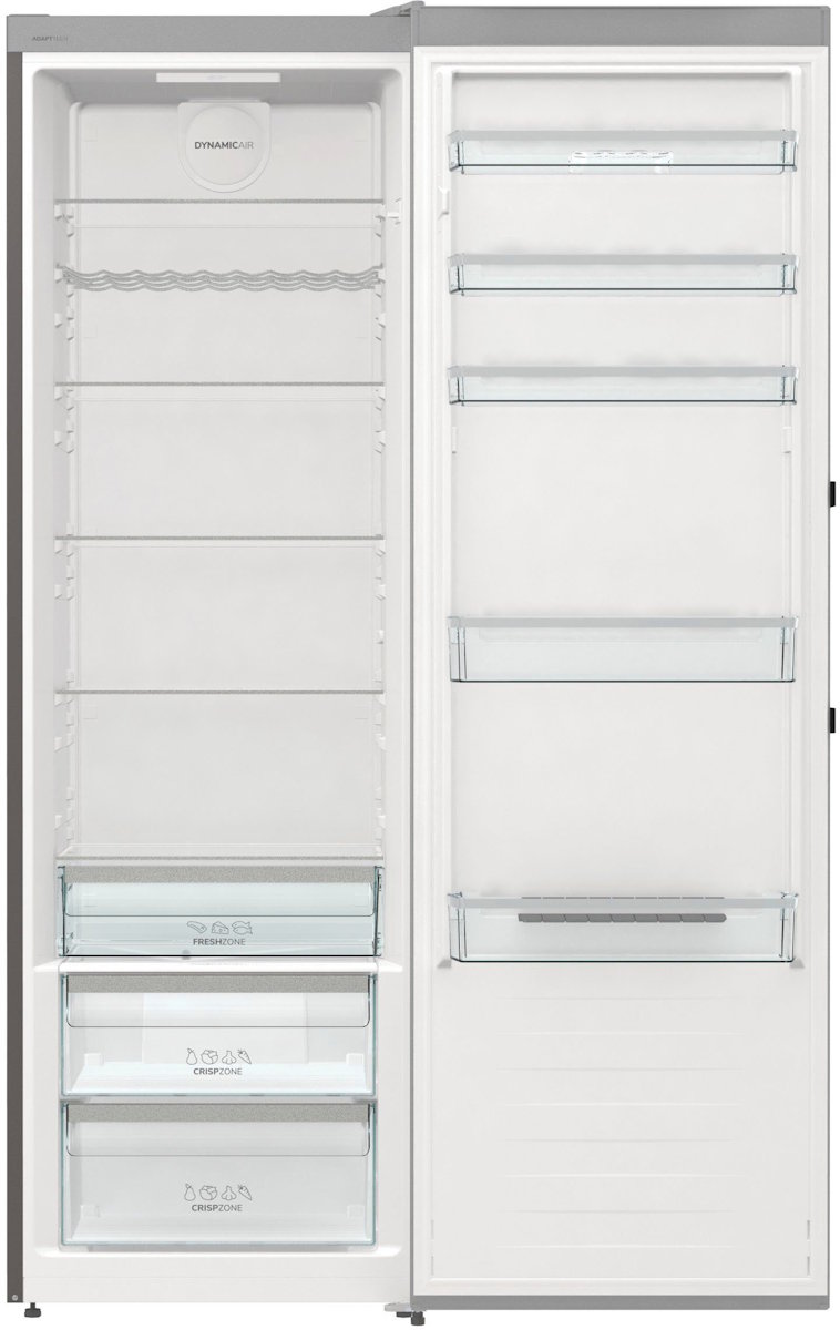 Gorenje R619DAXL6 refrigerator with open door, interior with glass shelves and bottle rack.