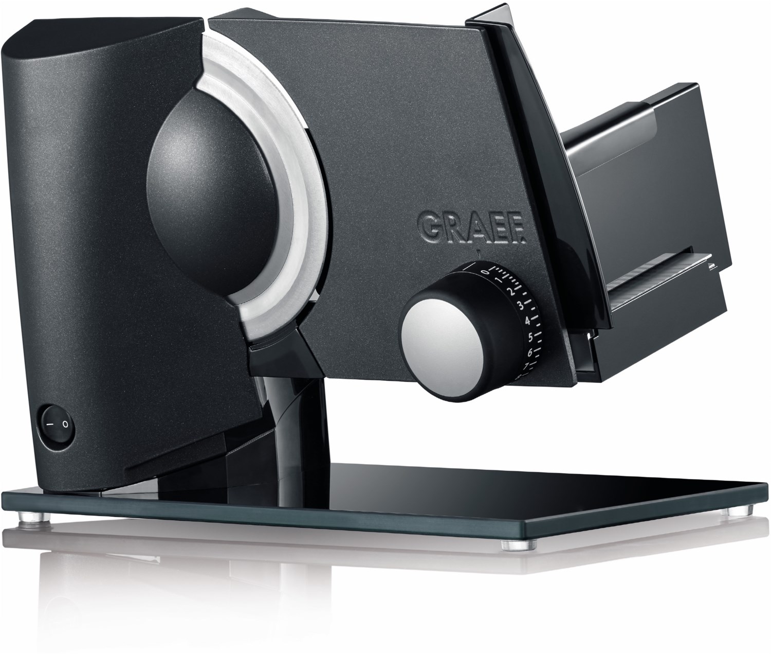 Graef food slicer S32116 Twin in black featuring a premium glass base plate and food carriage