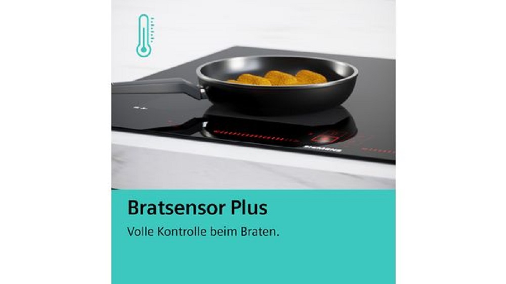 Siemens EX975LXC1E induction hob featuring Frying Sensor Plus for full control when frying, shown with a pan full of nuggets.