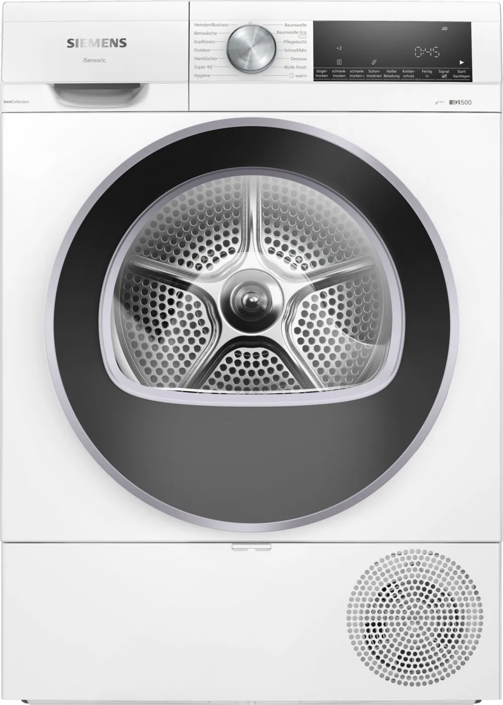 Front view of the white Siemens WQ33GSDG0 heat pump tumble dryer with iQ500 iSensoric technology, program selector dial, and LED display.