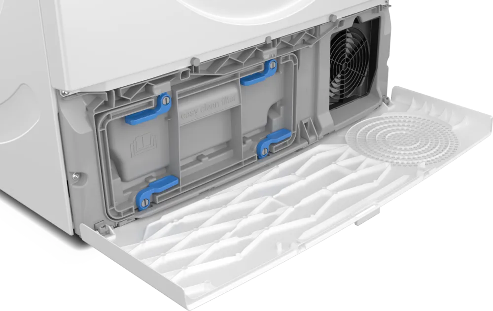 The opened base area, showing the EasyClean filter system (grey box with blue holders) and the dryer's fan.