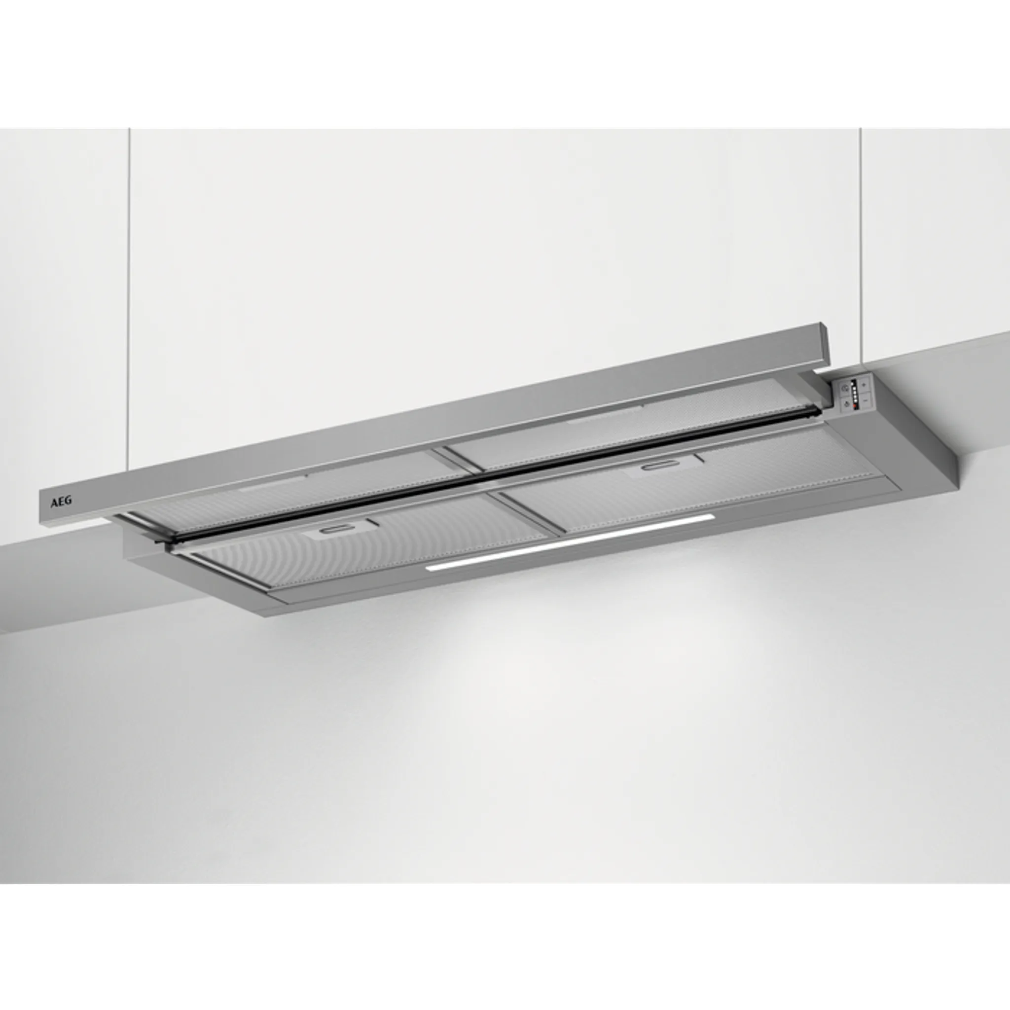 AEG DPE5960M – Flat-panel extractor hood with extended vapor screen AEG DPE5960M 90cm flat-panel extractor hood with extended vapor screen and LED light strip
