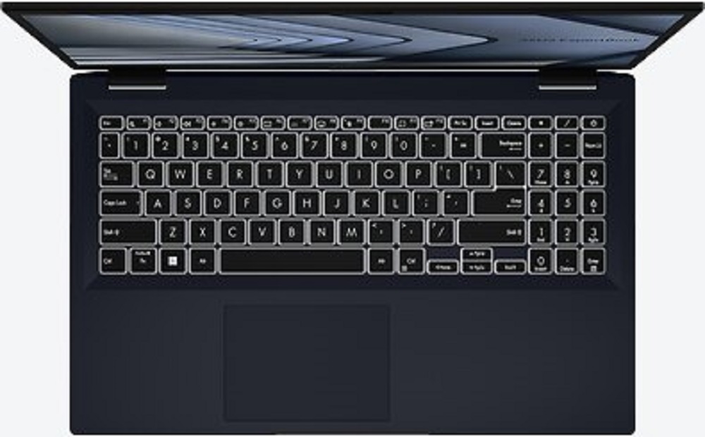 ASUS ExpertBook B1 B1402CBA, top view with keyboard backlight turned on.