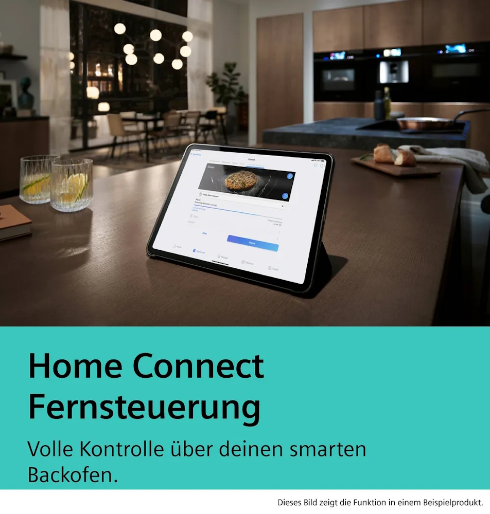 Tablet shows the Home Connect app for remote control of the SIEMENS HB776G1B1 iQ700 oven in a kitchen setting