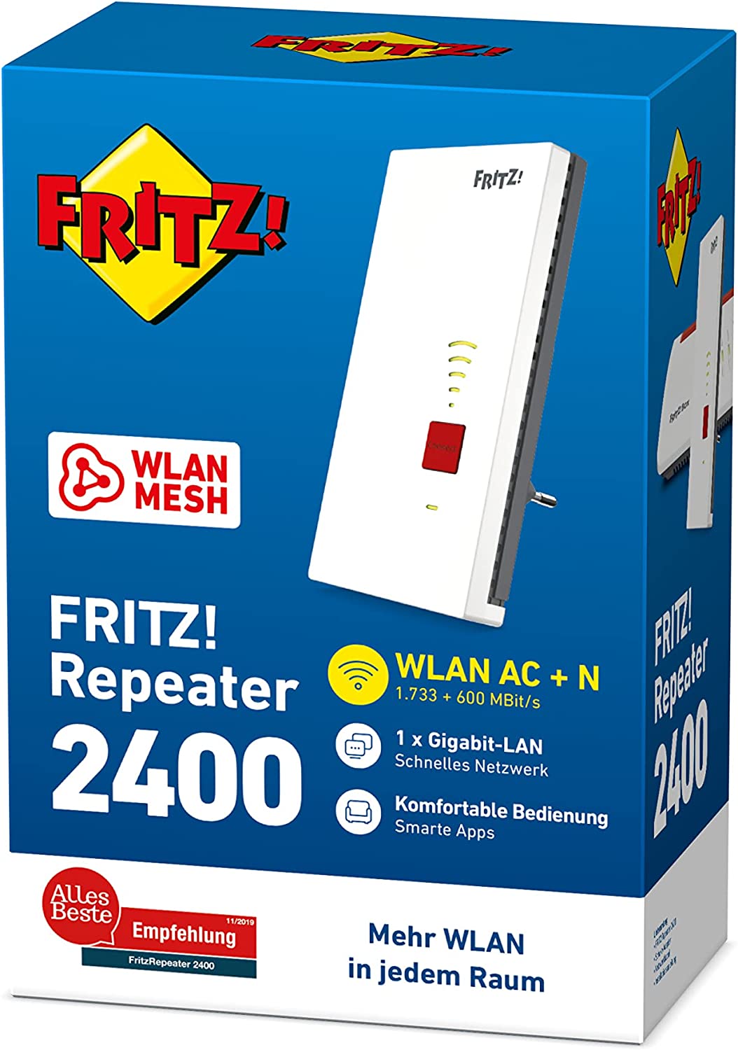 Lieferumfang: FRITZ!Repeater 2400, LAN-Kabel, Installationsanleitung, Schuko-Adapter