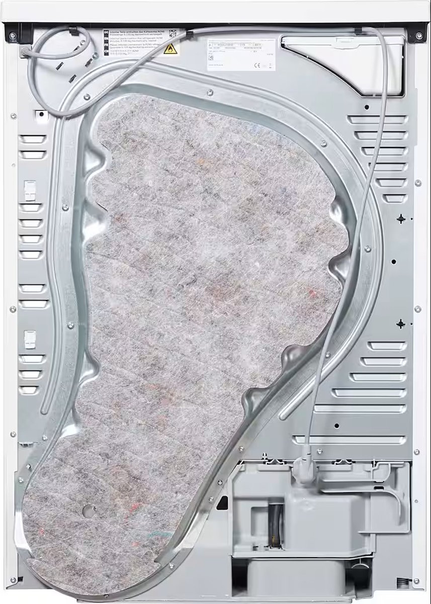 Rear of the Siemens iQ500 heat-pump dryer with connection cables and ventilation grille