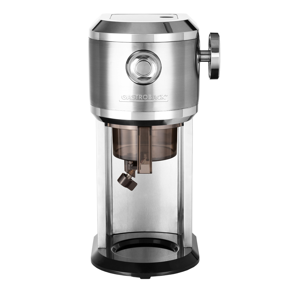 Gastroback Design Ice Shaver – Vorderansicht des Geräts mit Edelstahlgehäuse