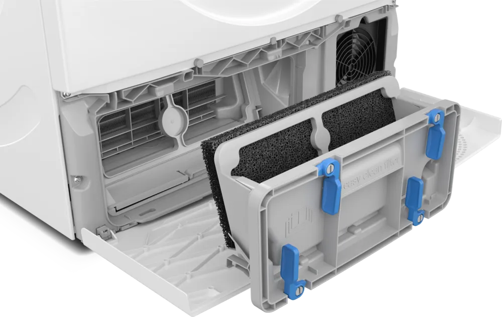 The EasyClean filter being removed from the dryer base for cleaning, showing the black foam filter insert.