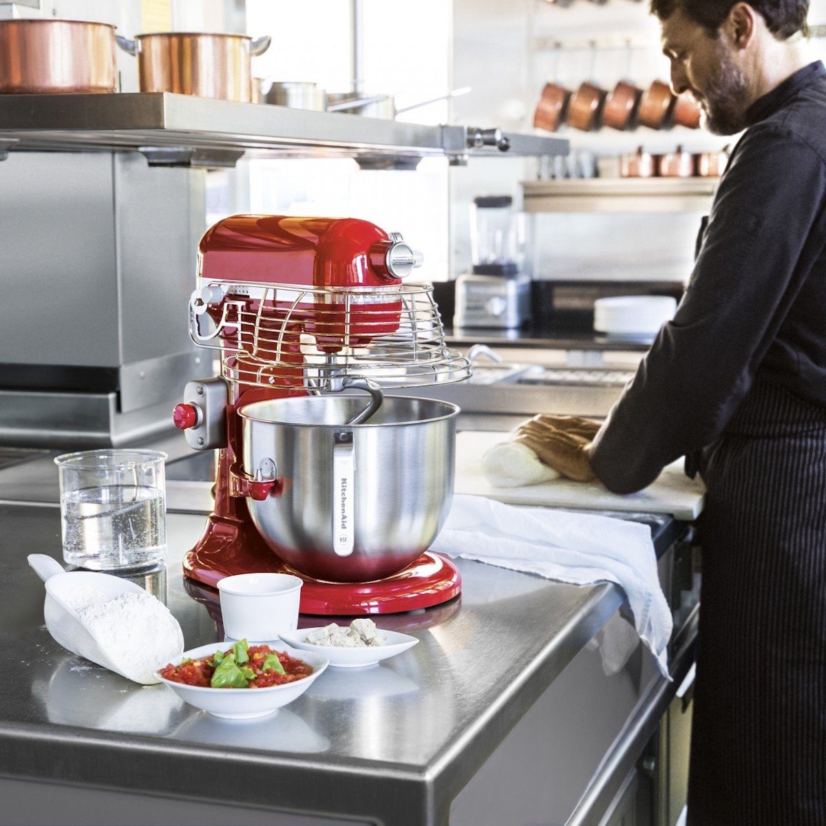 KitchenAid Professional 5KSM7990XEER red in a professional hotel kitchen