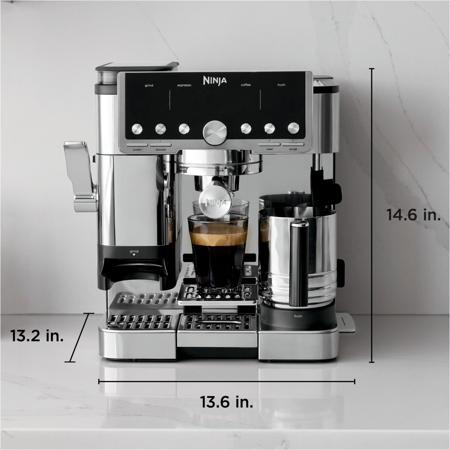 NINJA Luxe Café Pro Coffee Maker ES701EU labeled with dimensions: height (14.6 in), width (13.6 in), depth (13.2 in)